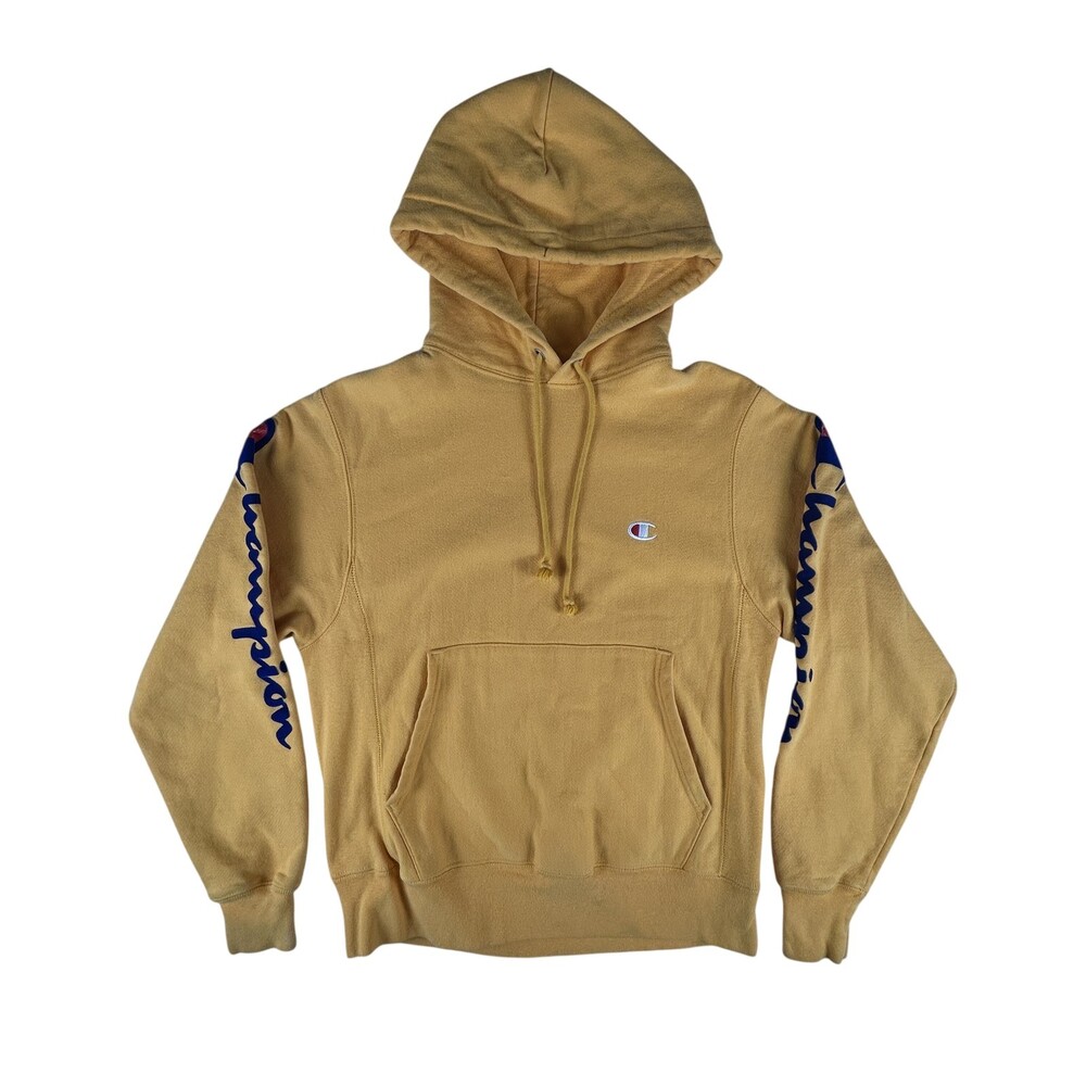 Champion Hoodie Mens Small Yellow Reverse Weave Pullover Script Logo Athletic